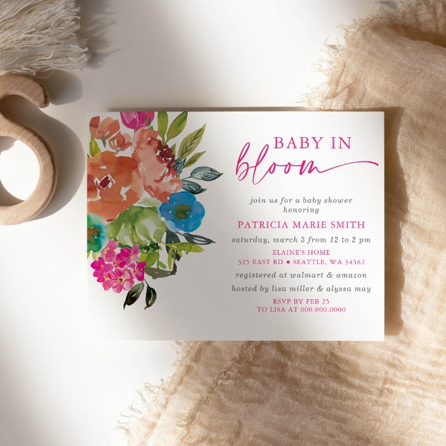 Budget Baby in Bloom Pink Floral Girl Baby Shower (Bright Baby in Bloom Pink Floral Girl Baby Shower Invitation)