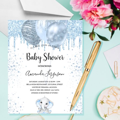 Budget Baby Shower boy blue elephant invitation