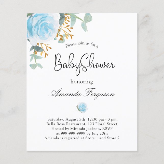 Budget Baby Shower boy blue floral invitation  (Front)