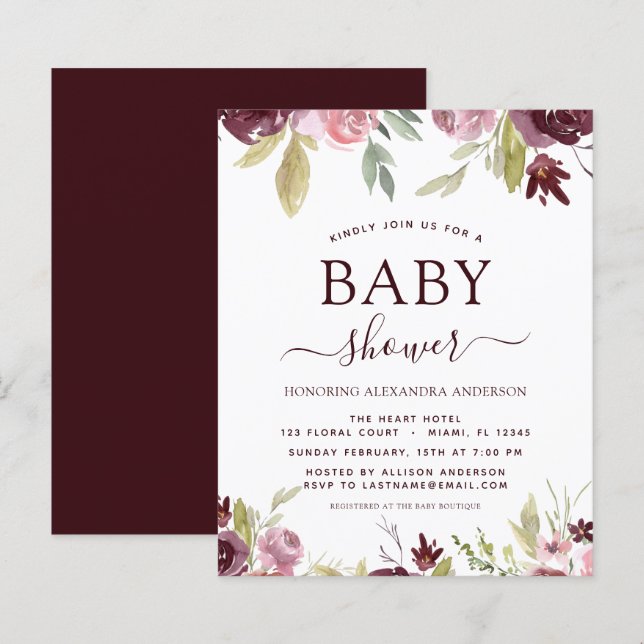 Budget Baby Shower Burgundy Watercolor Floral (Front/Back)