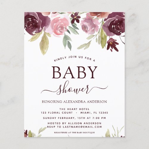 Budget Baby Shower Burgundy Watercolor Floral Flyer