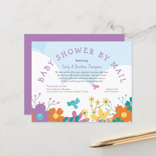 Budget Baby Shower By Mail Florals Birds Invite (Front/Back In Situ)