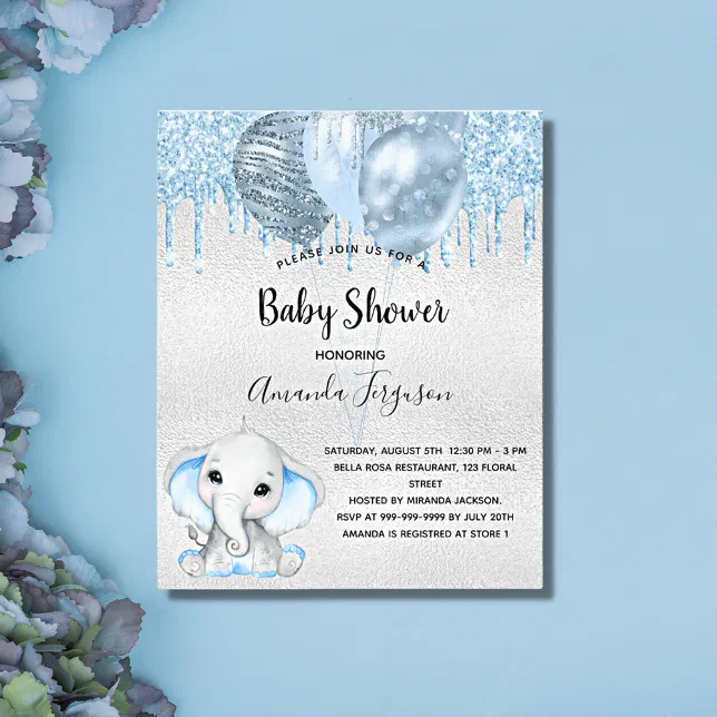 Budget Baby Shower elephant boy blue invitation Zazzle