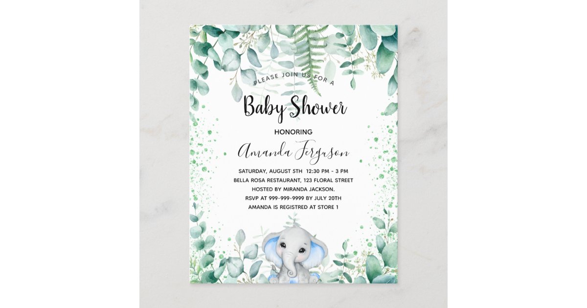 Budget Baby Shower elephant eucalyptus invitation Zazzle