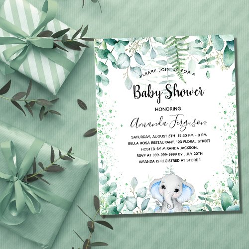 Budget Baby Shower elephant eucalyptus invitation