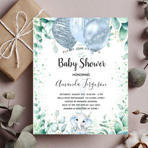 Budget Baby Shower elephant eucalyptus invitation