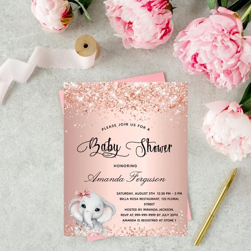 Budget Baby Shower elephant girl rose invitation