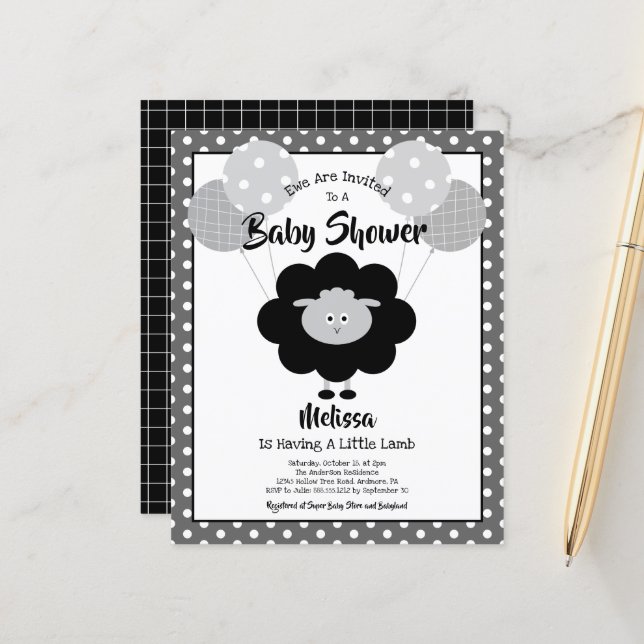 Budget Baby Shower Fun Black White Lamb Invitation (Front/Back In Situ)