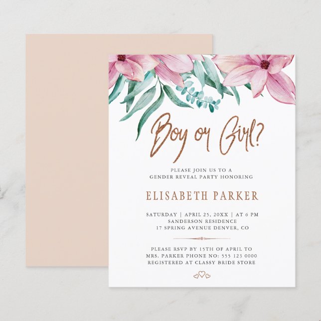 Budget baby shower gender reveal party invitation (Front/Back)