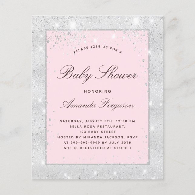 Budget Baby shower girl silver pink invitation (Front)