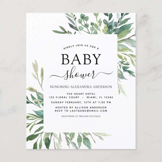 Budget Baby Shower Greenery Botanical Flyer (Front)