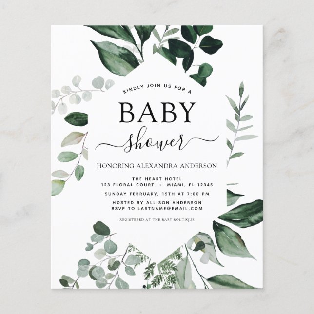 Budget Baby Shower Greenery Botanical Invitation Flyer (Front)