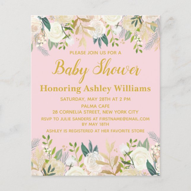 Budget Baby Shower Invitation Blush Pink Girl Gold (Front)