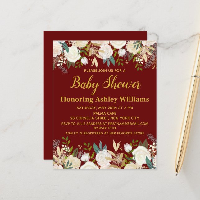Budget Baby Shower Invitation Burgundy Gold Winter (Front/Back In Situ)