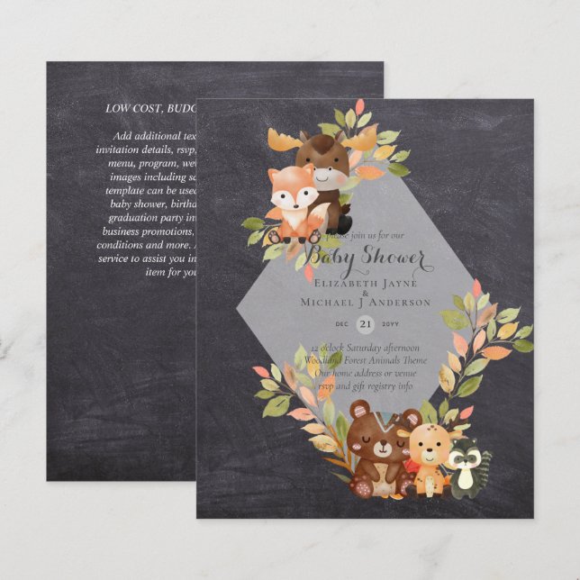 BUDGET BABY SHOWER INVITATIONS - Woodland Animals (Front/Back)
