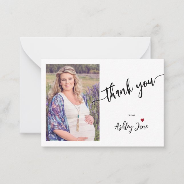 Budget baby shower modern script photo thank you note card (Front)