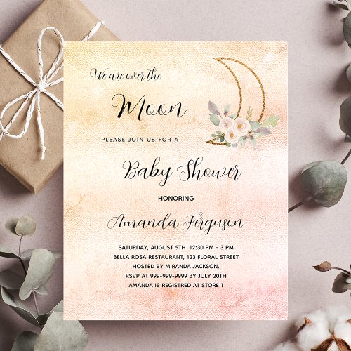 Budget Baby shower moon blush rose gold invitation