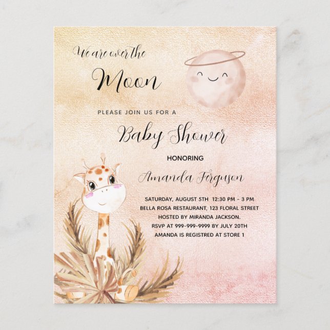 Budget Baby shower moon pampas giraffe invitation (Front)