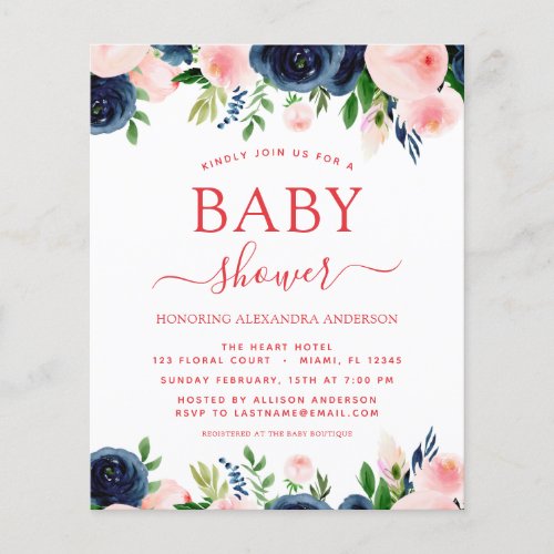 Budget Baby Shower Navy Blue Blush Pink Floral Flyer