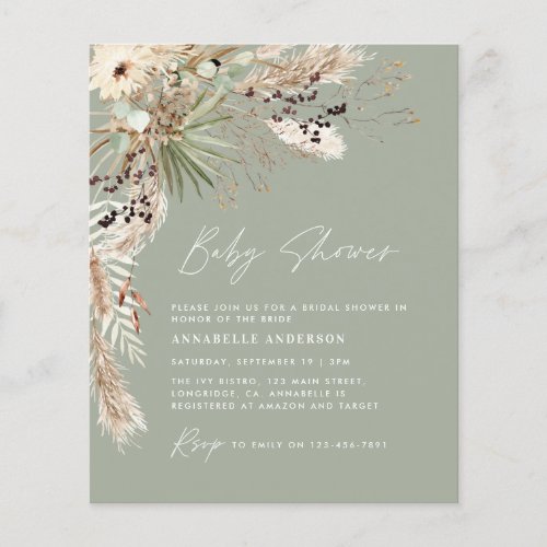 Budget baby shower pampas modern green elegant fly flyer