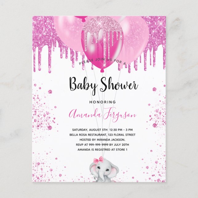 Budget Baby Shower pink glitter elephant girl  (Front)