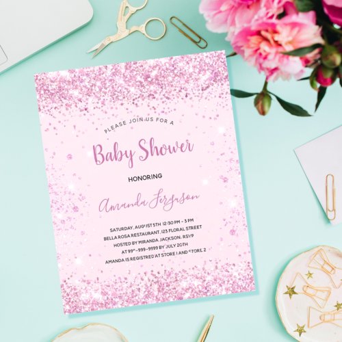 Budget Baby Shower pink glitter girl invitation
