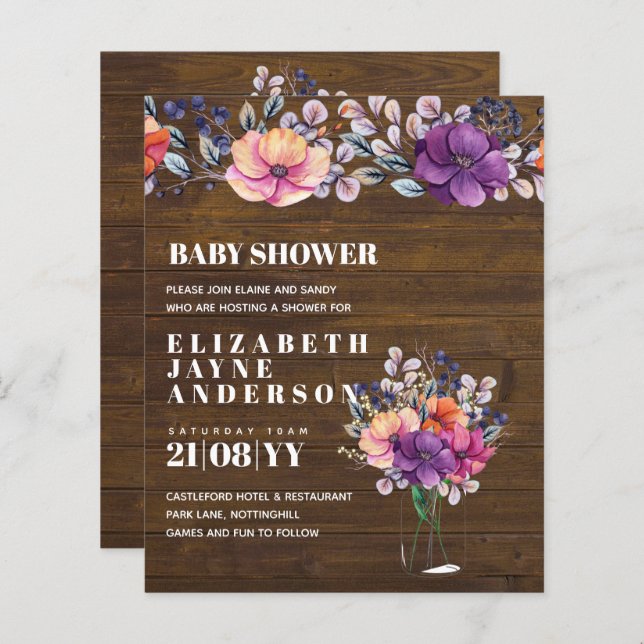 BUDGET Baby Shower Purple Orange Floral Invite (Front/Back)
