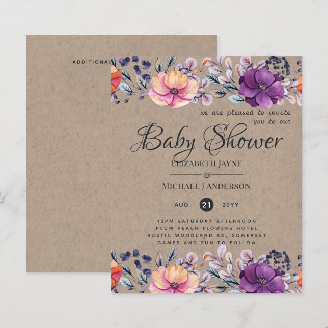 BUDGET Baby Shower Purple Orange Floral Invite (Front/Back)