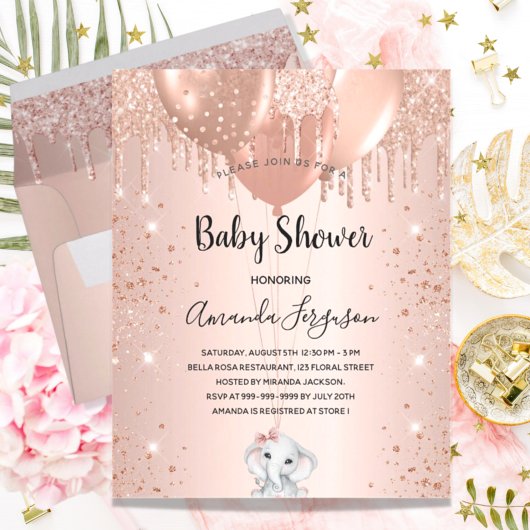 Budget Baby Shower rose gold glitter elephant girl