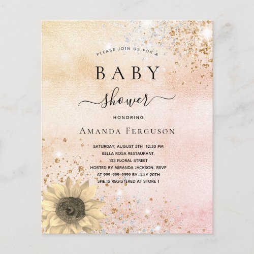 Budget Baby shower rose gold sunflower invitation