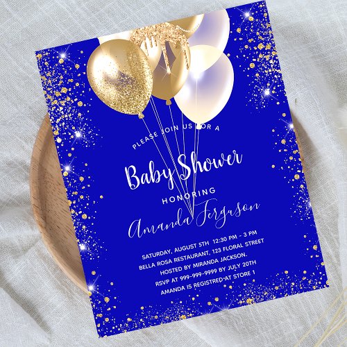 Budget baby shower royal blue gold invitation