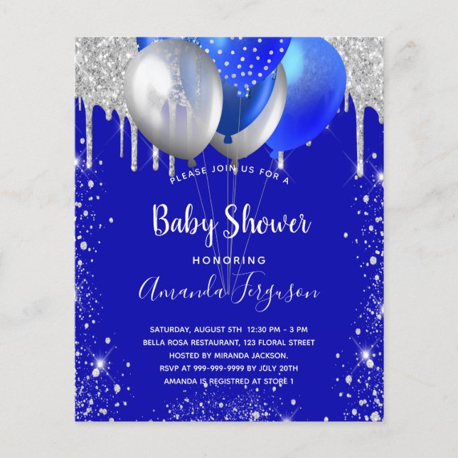 Budget baby shower royal blue silver invitation (Front)