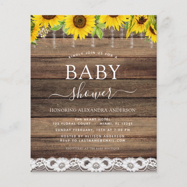 Budget Baby Shower Rustic Sunflower Invitation Flyer (Front)