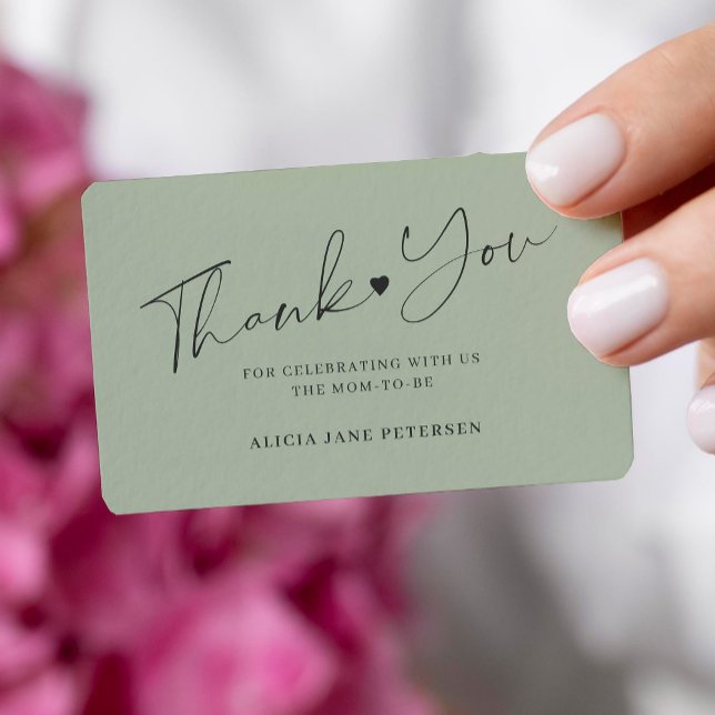 Budget baby shower script sage green thank you note card (You can choose the ROUNDED CORNERS option)