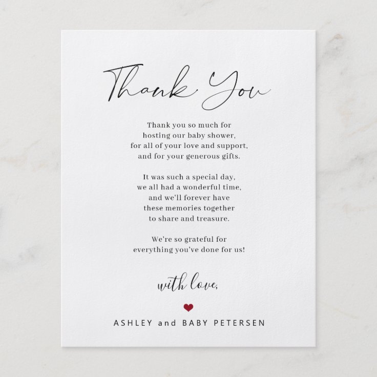 Budget baby shower script thank you card flyer | Zazzle