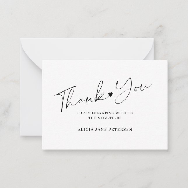 Budget baby shower script white black thank you  note card (Front)