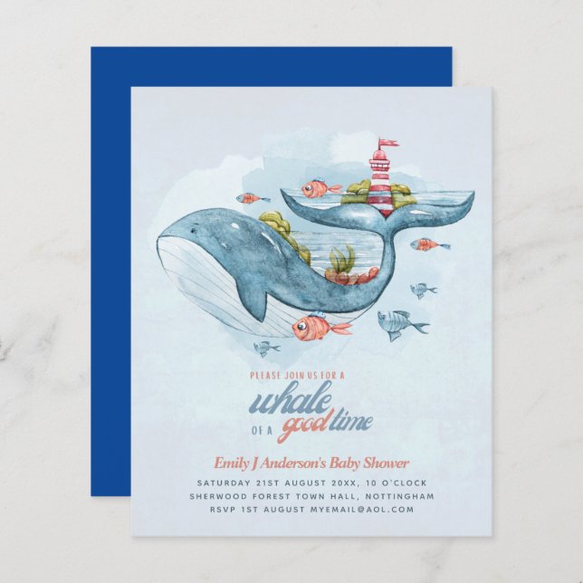BUDGET Baby Shower Sea Life Whale Boys Blue Invite (Front/Back)
