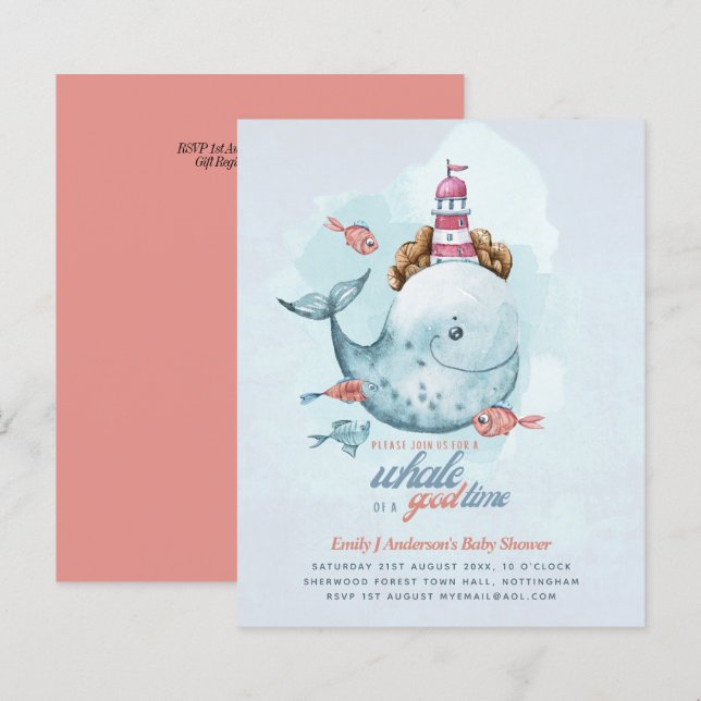 BUDGET Baby Shower Sea Life Whale Boys Blue Invite (Front/Back)