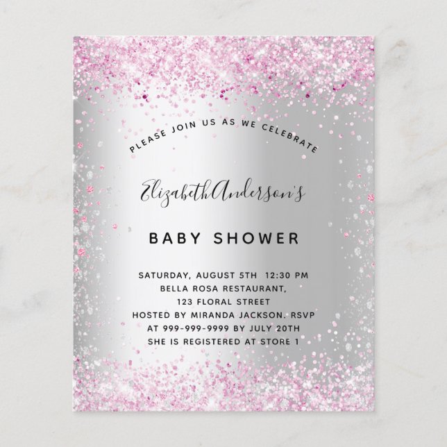 Budget baby shower silver pink girl invitation (Front)