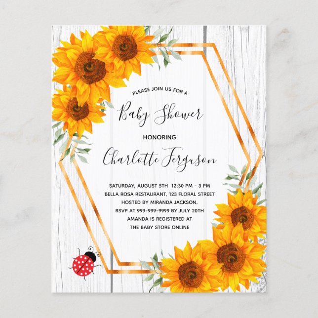 Budget Baby Shower sunflowers ladybug invitation (Front)
