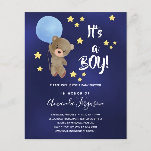 Budget Baby shower teddy bear boy blue invitation