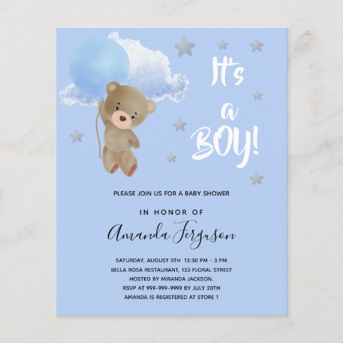 Budget Baby shower teddy bear boy blue invitation