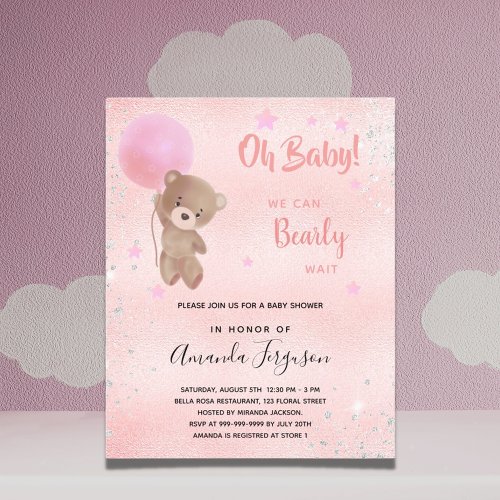 Budget baby shower teddy bear girl pink invitation