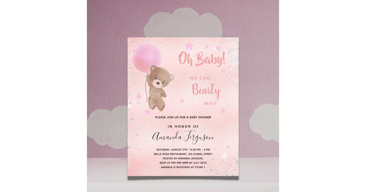 Budget baby shower teddy bear girl pink invitation | Zazzle