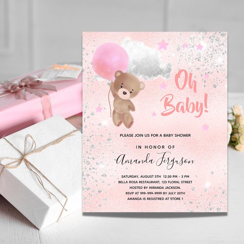 Budget Baby shower teddy bear girl pink silver