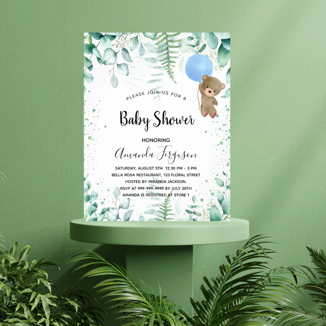 Budget Baby Shower teddy boy eucalyptus invitation | Zazzle