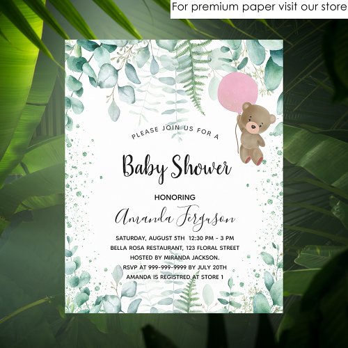 Budget Baby Shower teddy eucalyptus invitation