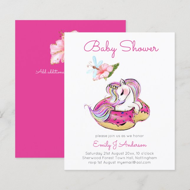 BUDGET Baby Shower Unicorn Donut Pink Girls Invite (Front/Back)