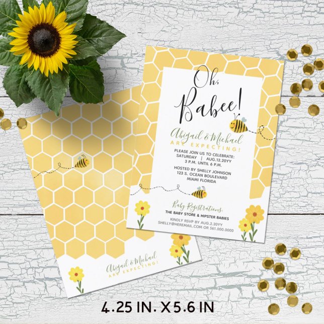 Budget Baby Shower Watercolor Bumble Bee Invite (Budget-Friendly Gender-Neutral Bumble Bee Baby Shower Invitation (4.25 x 5.6 in.) "Oh, Babee!")