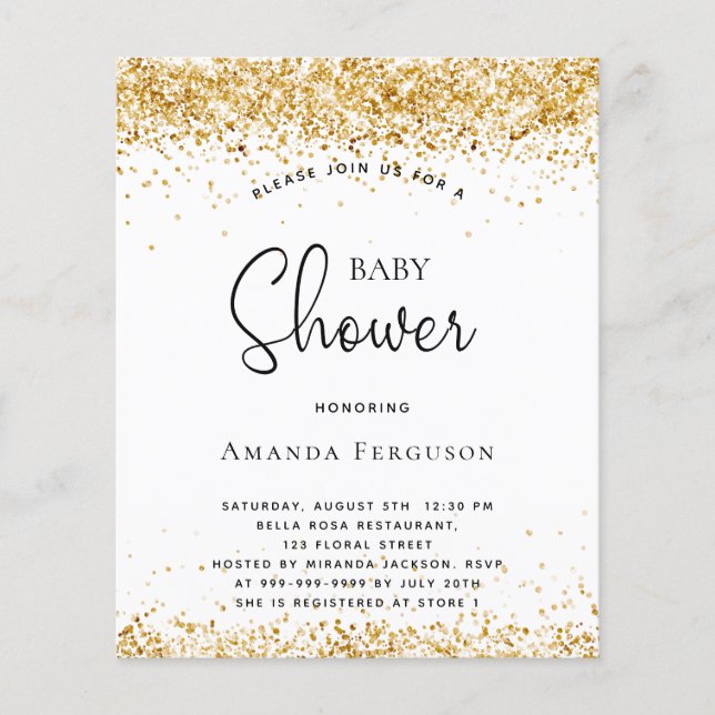 Budget baby shower white gold glitter invitation (Front)